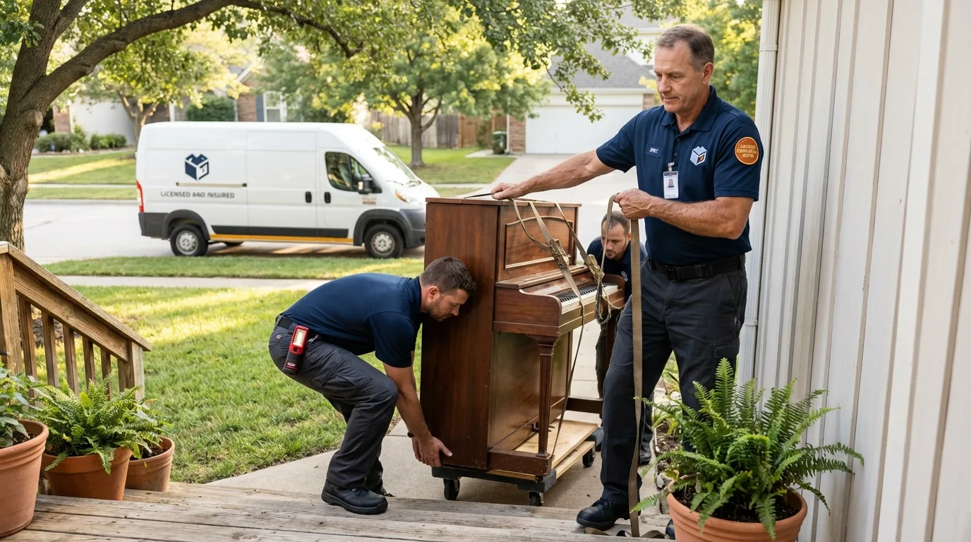Licensed piano movers securing grand piano in Greendale, WI
