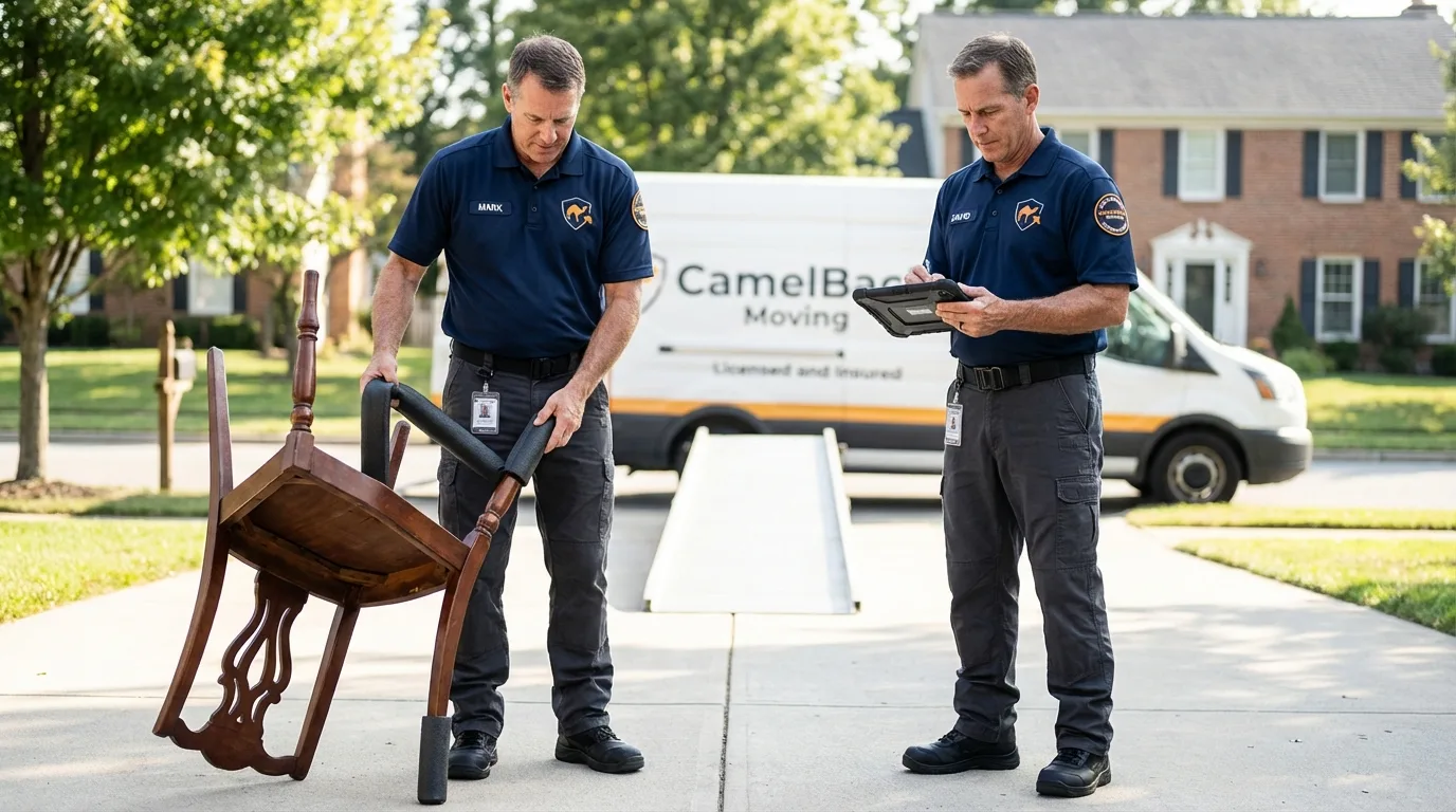 Movers inspecting furniture for damage prevention before loading in Greendale, WI