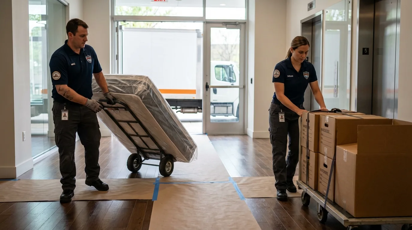 Professional apartment movers loading elevator in Greendale, WI